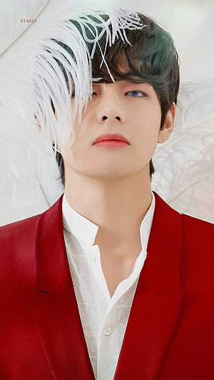 Kim Taehyung in a red blazer with white feather headpiece and white shirt HD phone wallpaper