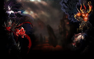 Mu Online Dark Fantasy Battle Scene with Armored Warriors and Fiendish Creatures HD wallpaper