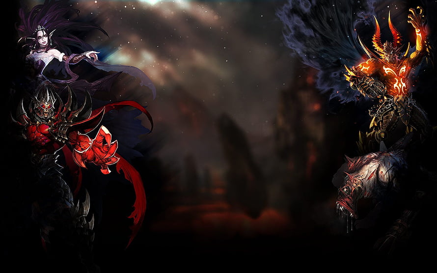 Mu Online Dark Fantasy Battle Scene with Armored Warriors and Fiendish Creatures HD wallpaper