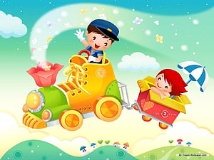 Cute Cartoon Children Riding a Shoe Train Through a Whimsical Cloudy Sky HD wallpaper