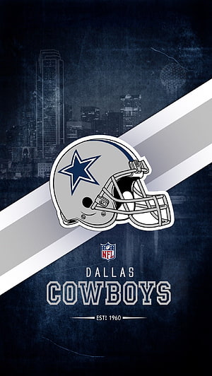 Dallas Cowboys Helmet Logo with City Skyline and Diagonal Stripes on Dark Blue Background HD phone wallpaper