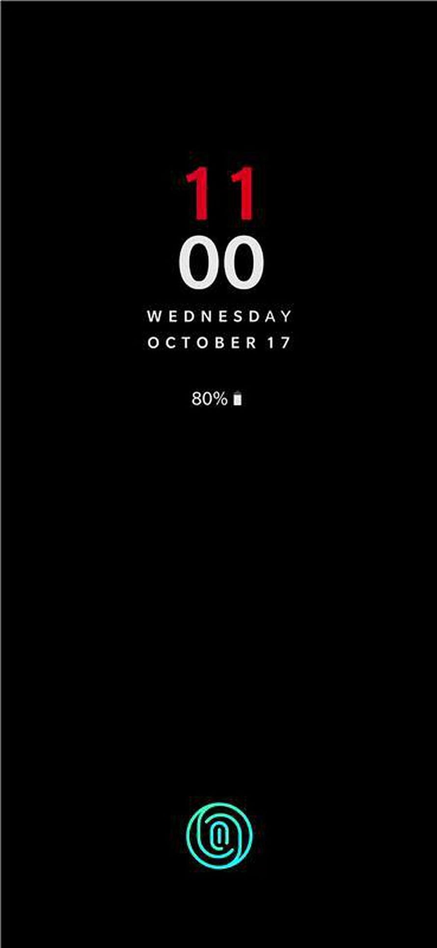 Minimalist Black Phone Lock Screen with Red Digital Clock and Cyan Fingerprint Icon HD phone wallpaper