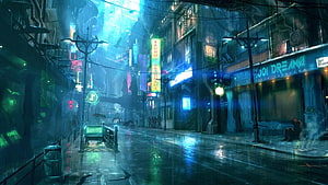 Rainy Cyberpunk City Street with Neon Signs and Wet Reflections HD wallpaper