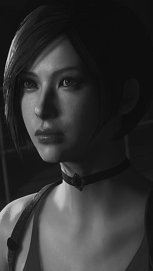 Ada Wong from Resident Evil 2 Remake in a moody black and white portrait HD phone wallpaper