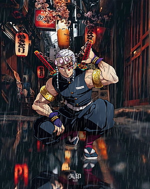 Tengen Uzui from Demon Slayer in a Rainy Japanese Street Scene HD phone wallpaper