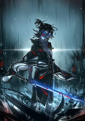 Yato from Noragami in a dark kimono holding a glowing katana in the rain HD phone wallpaper
