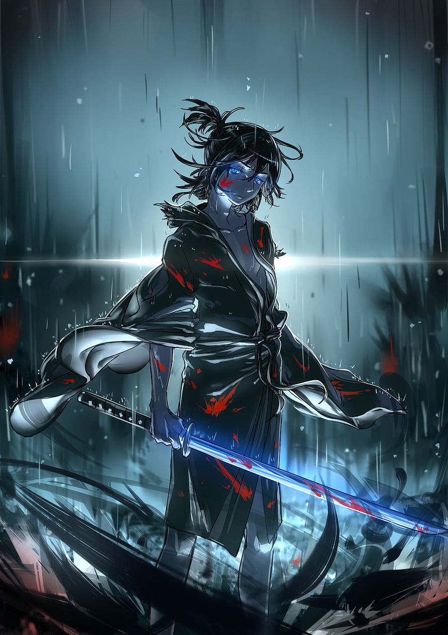 Yato from Noragami in a dark kimono holding a glowing katana in the rain HD phone wallpaper