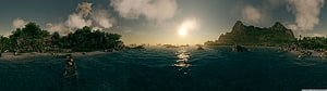 Tropical Island Lagoon at Golden Hour with Rocky Peaks and Calm Waters HD wallpaper