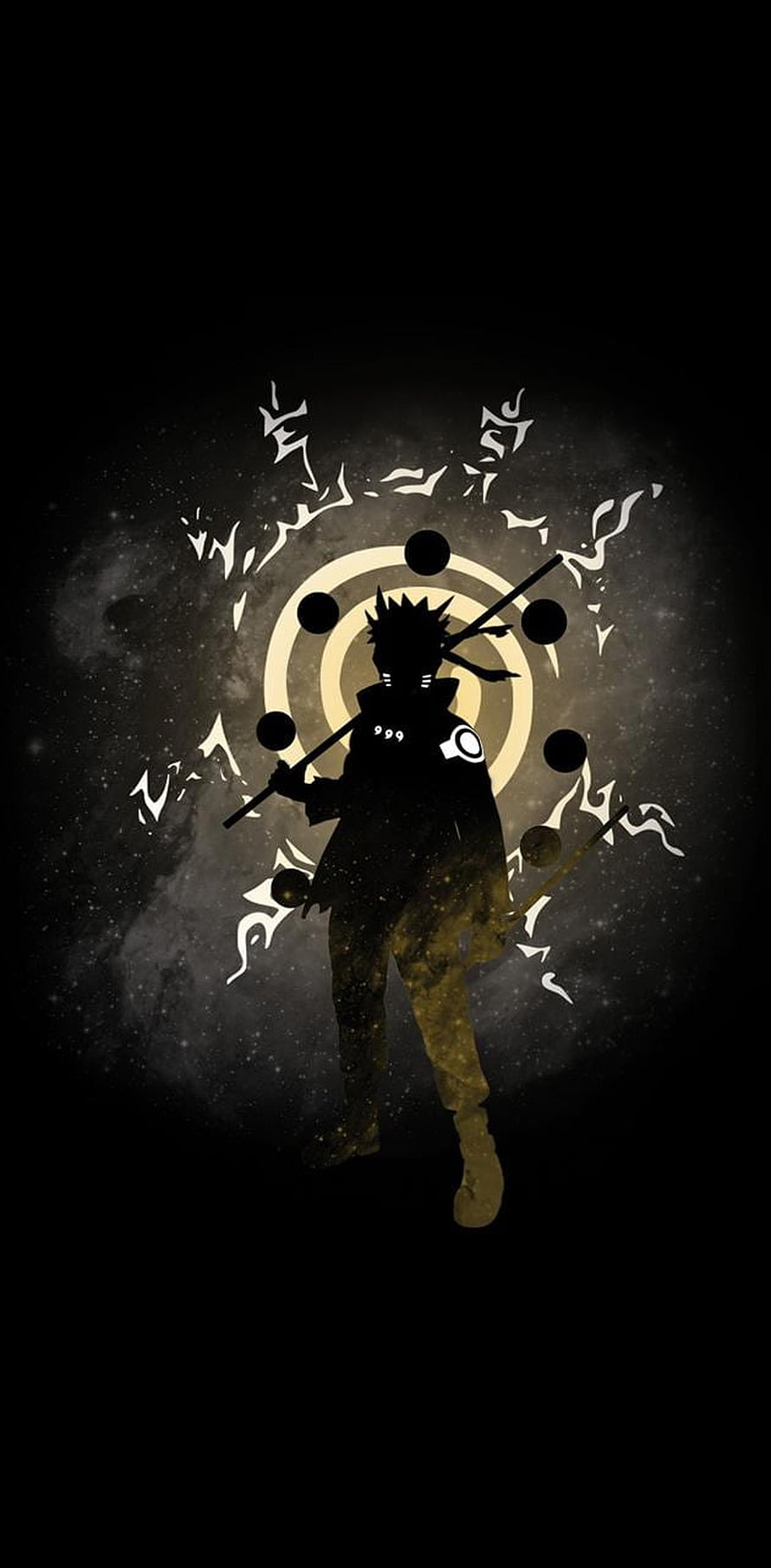 Naruto Sage Mode Silhouette with Rasenshuriken and Chakra Orbs Against Dark Cosmic Background HD phone wallpaper