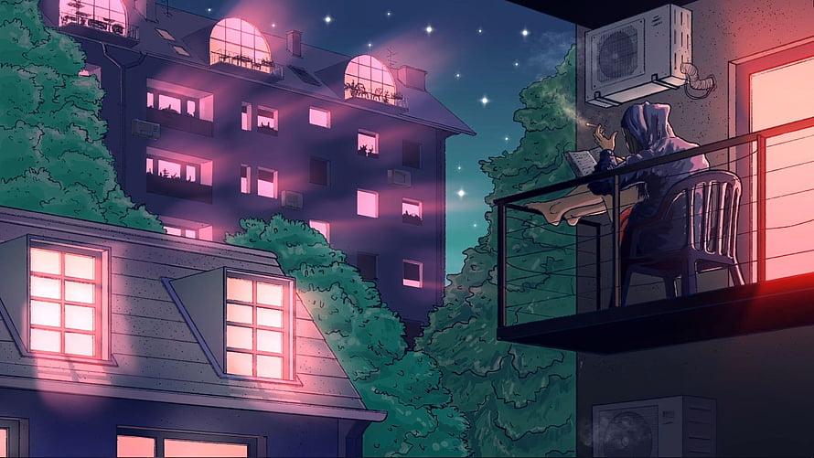 Anime Character Reading on Balcony at Night with City Lights and Starry Sky HD wallpaper