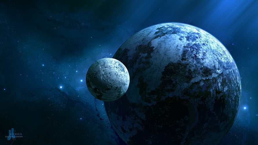 Distant Blue Planet and Moon in Deep Space with Starfield and Nebula Light HD wallpaper