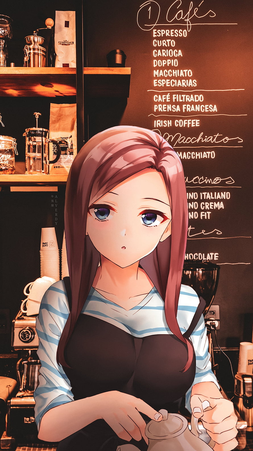 Miku Nakano Anime Girl in Cozy Coffee Shop with Espresso Menu HD phone wallpaper