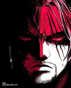 Shanks from One Piece in dramatic red and black ink illustration with intense expression HD phone wallpaper