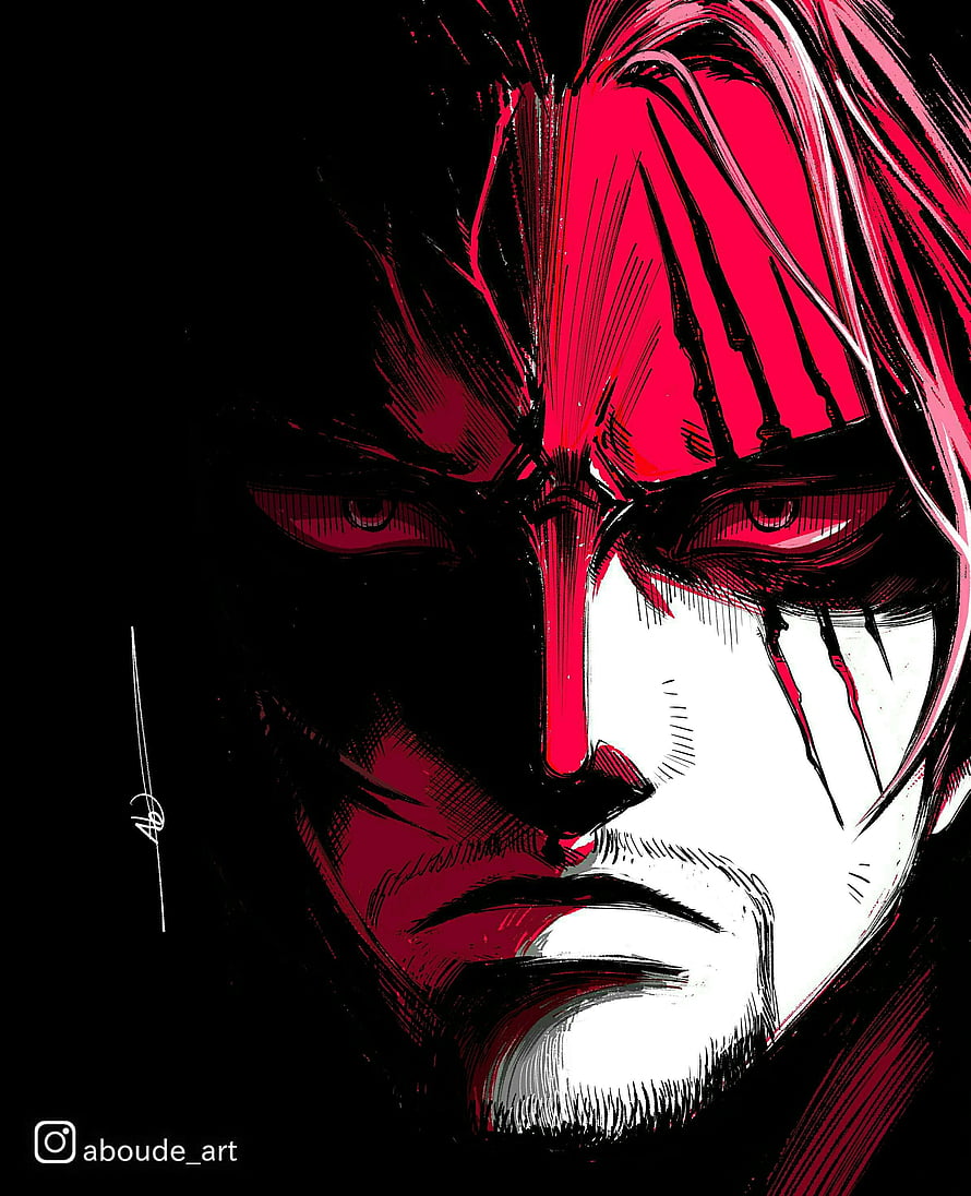 Shanks from One Piece in dramatic red and black ink illustration with intense expression HD phone wallpaper