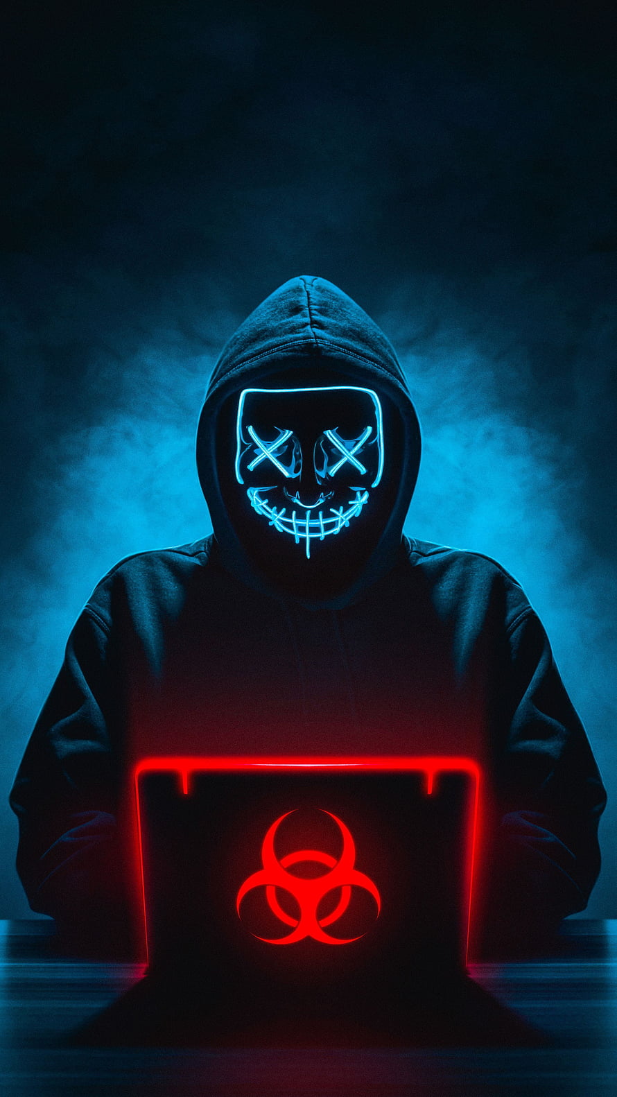 Hacker in Black Hoodie with Glowing Neon Mask and Biohazard Laptop HD phone wallpaper