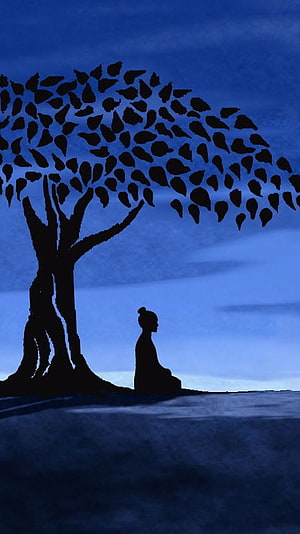 Silhouette of a Meditating Figure Under a Leafy Tree Against a Deep Blue Sky HD phone wallpaper