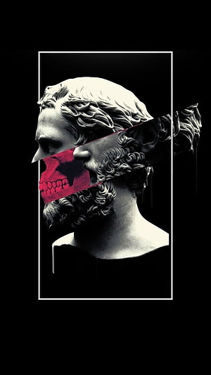 Glitch Art Classical Greek Statue Bust with Red Skull Overlay on Black Background HD phone wallpaper