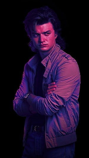Steve Harrington Portrait in Neon Purple and Blue Lighting HD phone wallpaper