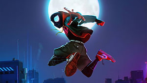 Miles Morales leaping through a neon-lit cityscape under a full moon in Spider-Verse style HD wallpaper