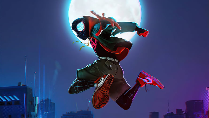 Miles Morales leaping through a neon-lit cityscape under a full moon in Spider-Verse style HD wallpaper