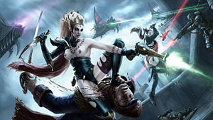 Warhammer 40k Dark Eldar Wyches Battle Artwork with Combat and Spacecraft HD wallpaper