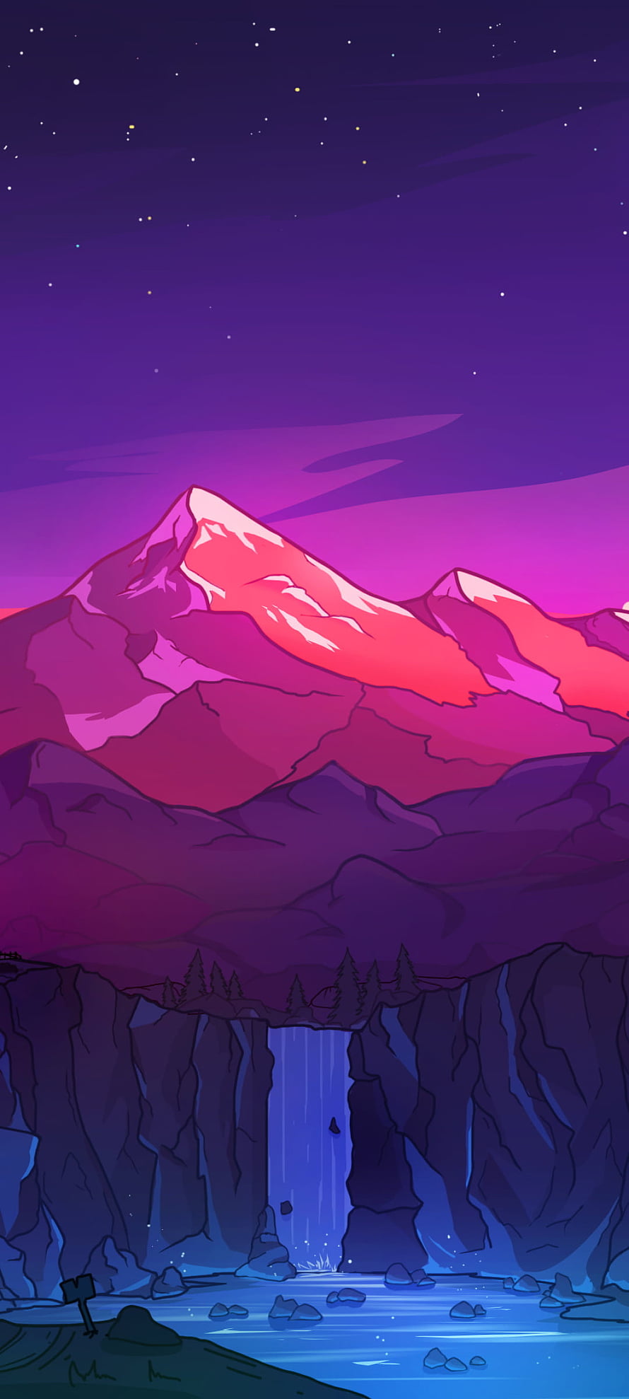 Stylized Mountain Landscape with Waterfall and Starry Night Sky in Purple and Blue Tones HD phone wallpaper