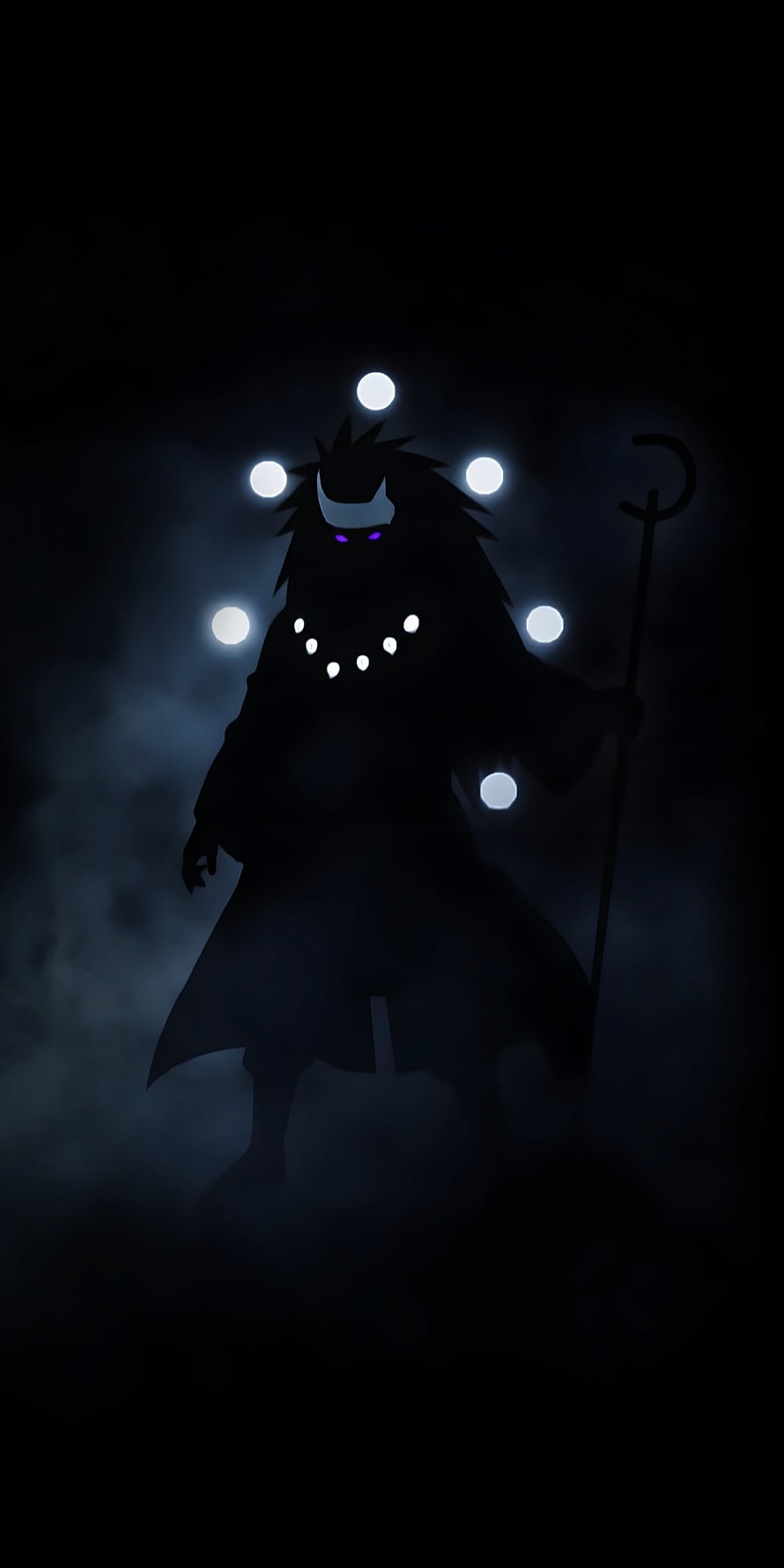 Madara Uchiha Silhouette with Glowing Chakra Orbs in Dark Misty Atmosphere HD phone wallpaper