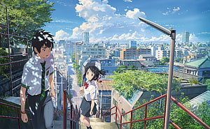 Your Name Anime Scene: Taki and Mitsuha on a Sunny Japanese City Staircase HD wallpaper
