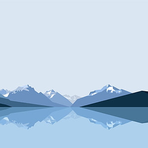 Minimalist Blue Mountain Landscape with Lake Reflection and Snowy Peaks HD phone wallpaper