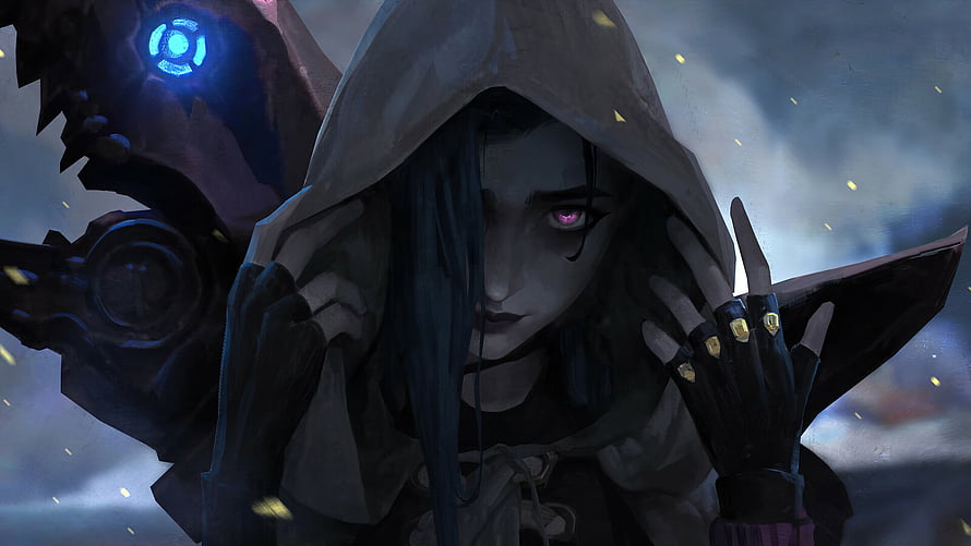 Jinx from Arcane in a Hooded Cloak with Glowing Purple Eye and Dark Fantasy Art Style HD wallpaper