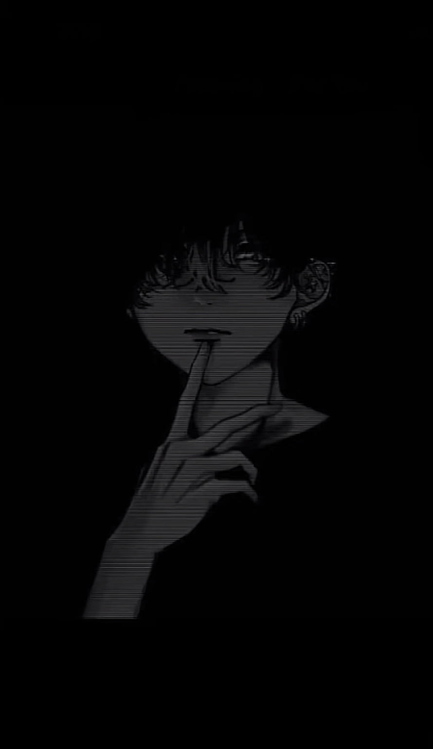 Anime Boy With Finger To Lips In Dark Monochrome Illustration HD phone wallpaper