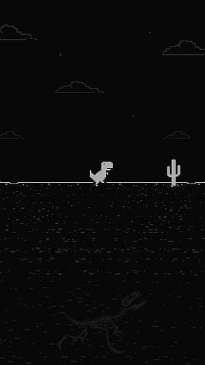 Chrome Dino Game Pixel Art with T-Rex Skeleton and Desert Cactus Night Scene HD phone wallpaper