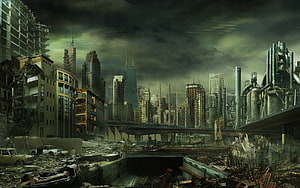 Post-Apocalyptic Urban Ruins Under a Dark Stormy Sky HD wallpaper