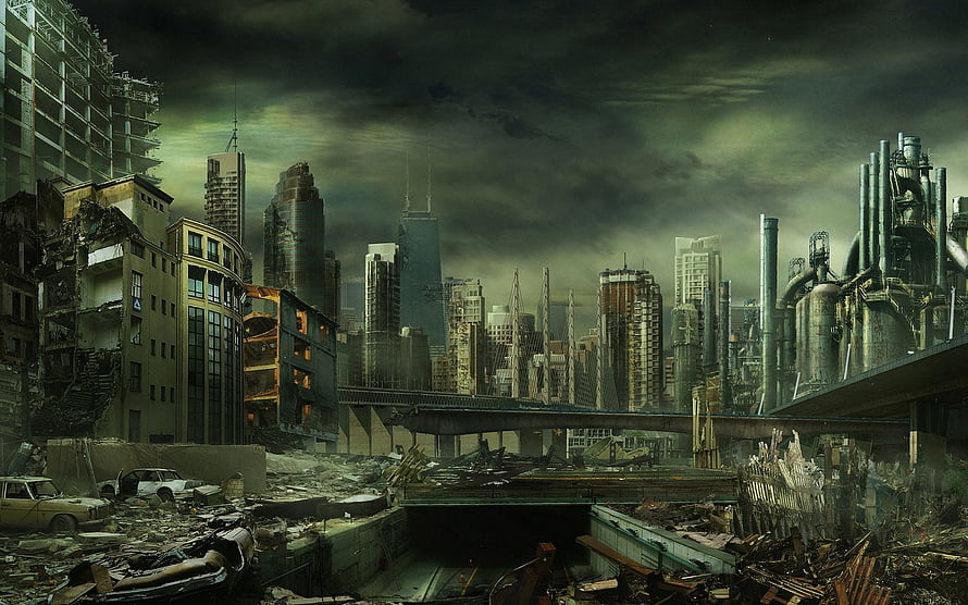 Post-Apocalyptic Urban Ruins Under a Dark Stormy Sky HD wallpaper