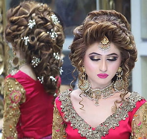 Elegant South Asian Bridal Makeup with Intricate Gold Jewelry and Traditional Attire HD wallpaper