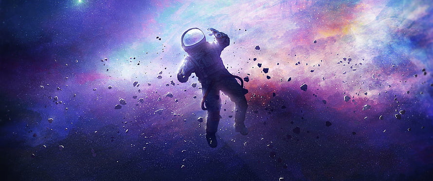 Astronaut Drifting Through a Vibrant Purple Nebula and Asteroid Field HD wallpaper