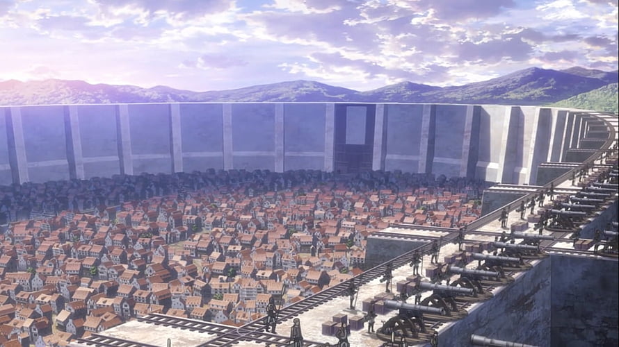 Attack on Titan Wall Maria Overlooking Town with Cannons and Soldiers HD wallpaper
