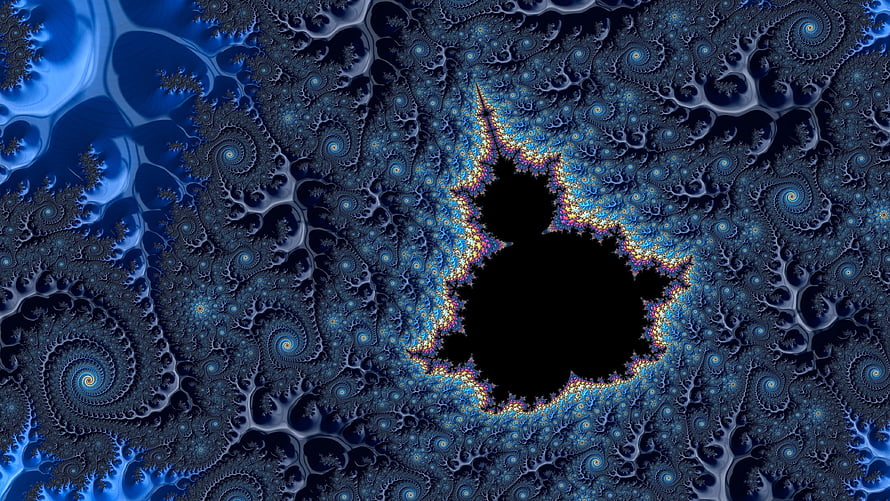 Mandelbrot Set Fractal Artwork with Deep Blue and Gold Spiral Patterns HD wallpaper