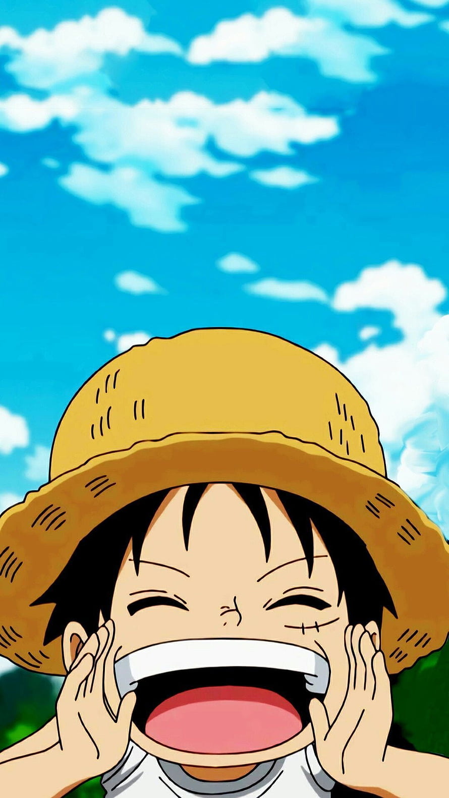 Young Luffy Laughing Joyfully Under a Bright Blue Sky in One Piece HD phone wallpaper