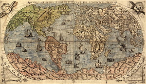Antique World Map Illustration with Vintage Cartography and Decorative Borders HD wallpaper