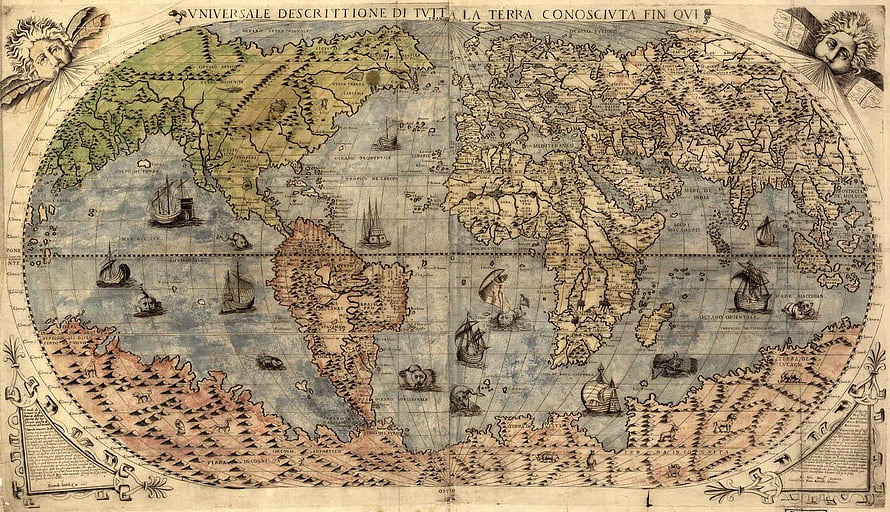 Antique World Map Illustration with Vintage Cartography and Decorative Borders HD wallpaper