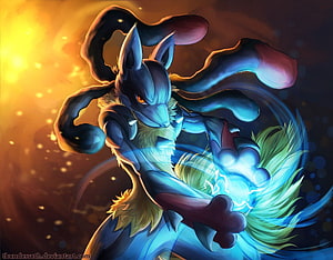 Mega Lucario Channeling Aura Sphere Energy in Dramatic Fantasy Art HD wallpaper