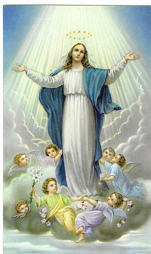 Assumption of Mary: Blessed Virgin Mary Ascending to Heaven with Angels and Divine Light HD phone wallpaper