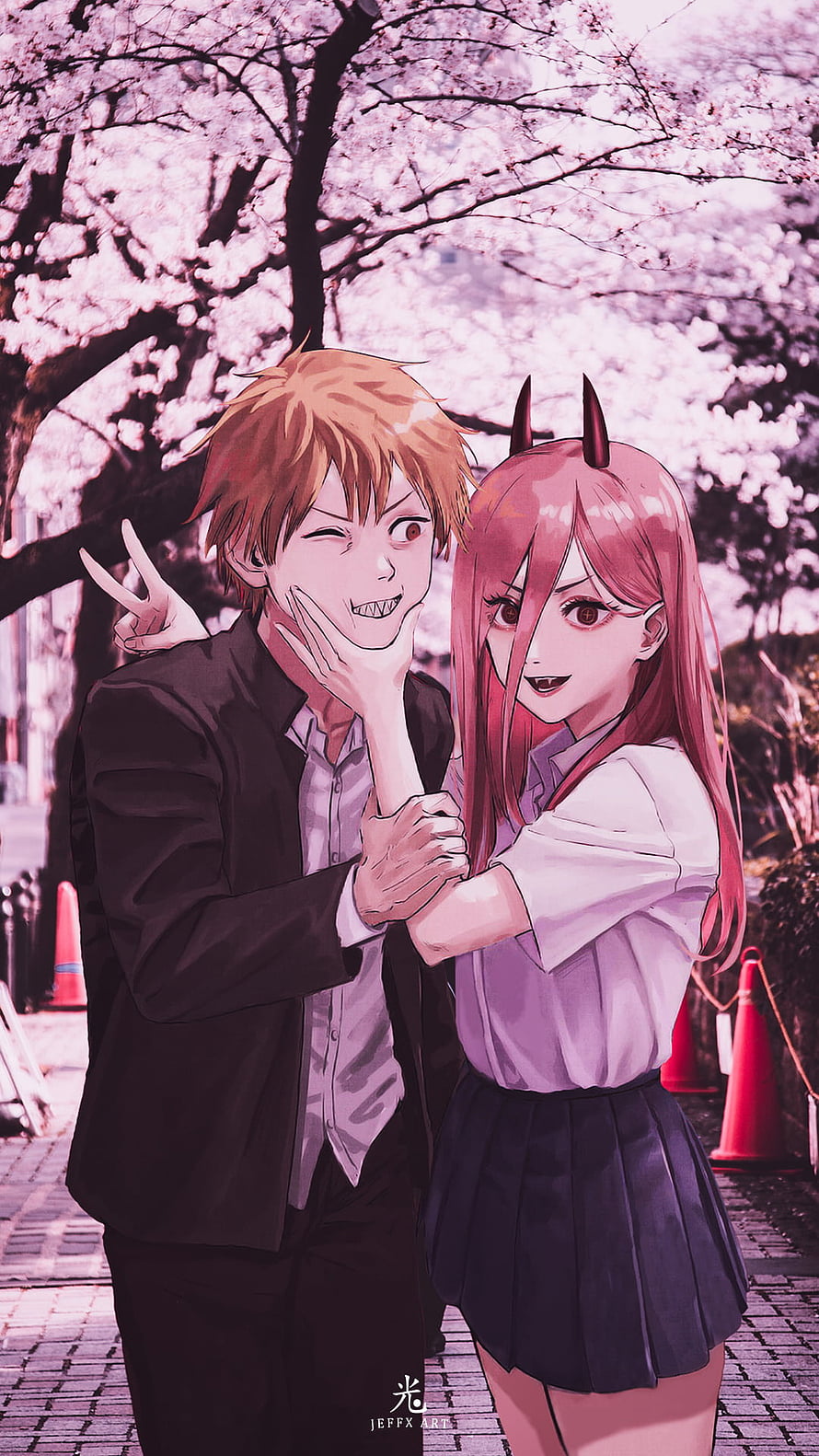 Denji and Power from Chainsaw Man posing together under blooming cherry blossom trees HD phone wallpaper
