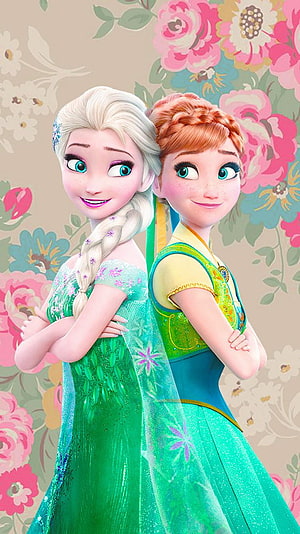 Elsa and Anna in Green Dresses from Frozen 2 Standing Back to Back with Floral Background HD phone wallpaper