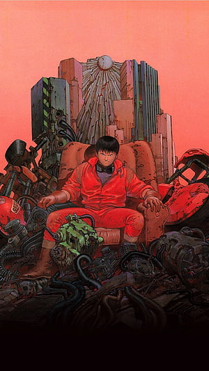 Akira Anime Poster Artwork of Kaneda in Red Jumpsuit Amidst Mechanical Debris HD phone wallpaper