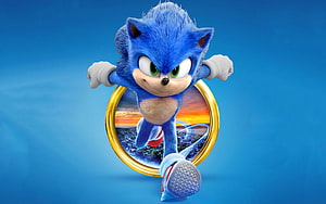 Sonic the Hedgehog Leaping Through a Golden Ring Against a Blue Sky HD wallpaper