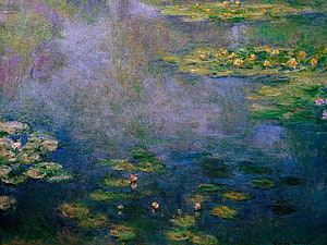 Claude Monet Water Lilies Impressionist Pond Painting with Misty Reflections and Lily Pads HD wallpaper