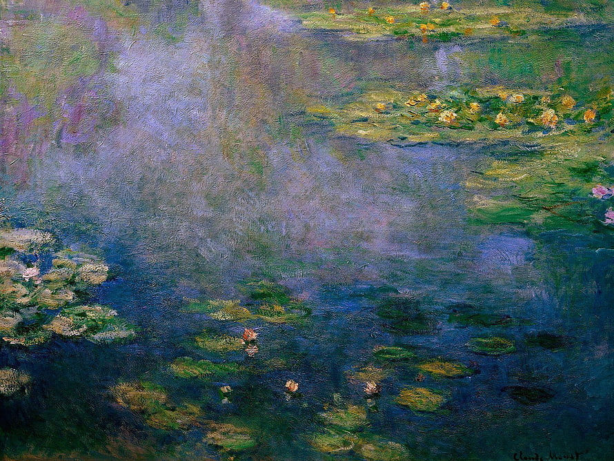 Claude Monet Water Lilies Impressionist Pond Painting with Misty Reflections and Lily Pads HD wallpaper