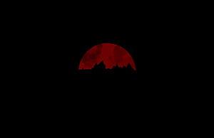 Minimalist Red Moon Rising Over Jagged Mountain Silhouette Against Black Sky HD wallpaper
